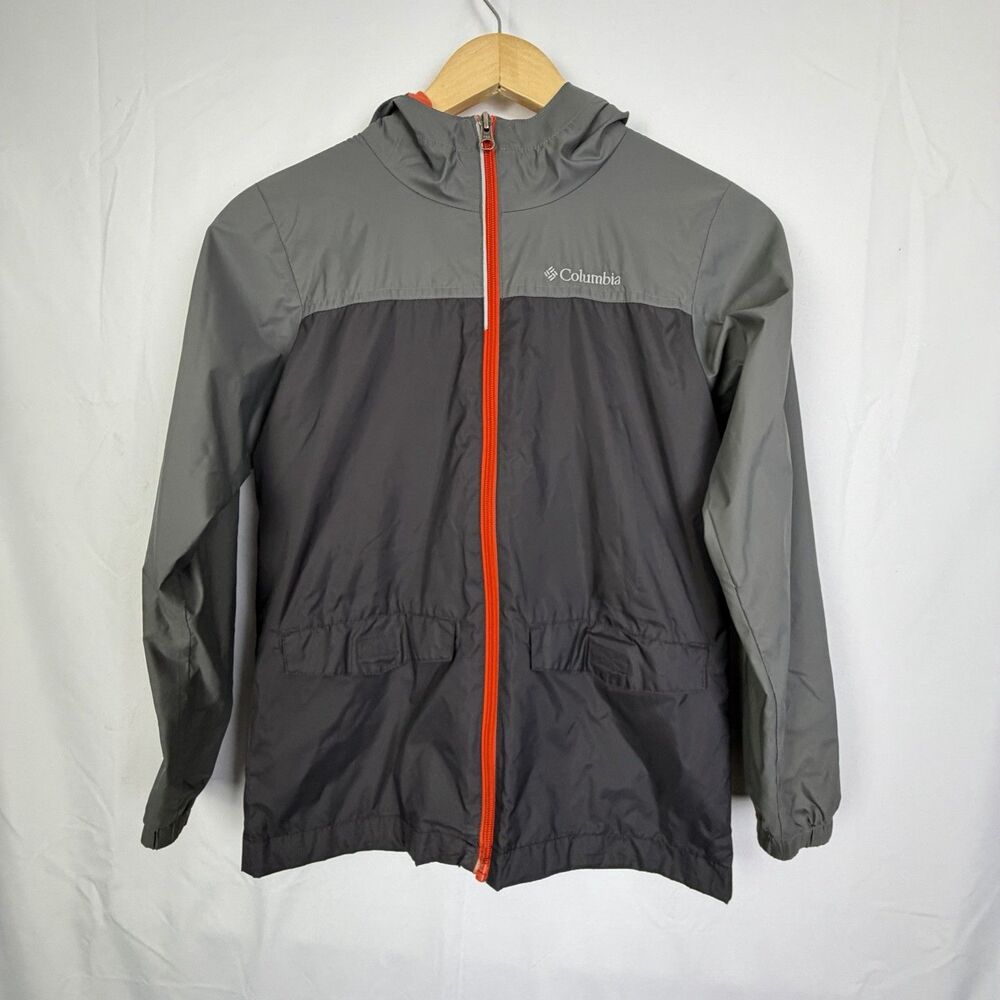 Columbia Hooded Rain Jacket Windbreaker Shell Boys Sz Medium 10/12 Gray EUC